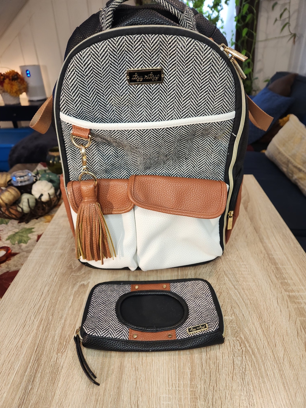 Itzy Ritzy Black & Cream Herringbone Backpack with Tan Accents